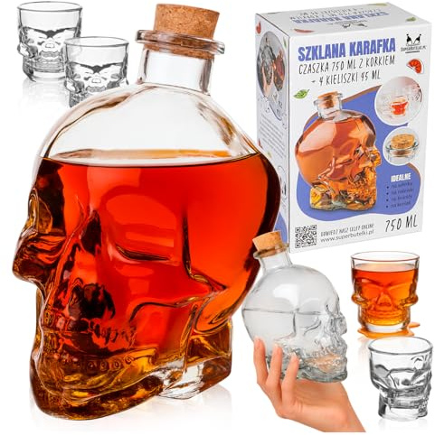 SUPERBUTELKI.PL - Set – Caraffa in vetro con tappo in sughero da 750 ml + 4 bicchieri con teschio da 45 ml per autocotto, idea regalo per whisky