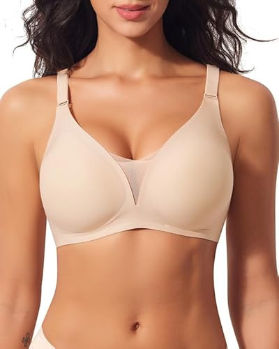 Cavotor Jelly Bras for Women Non Wired Comfort Support Gel Bra Seamless Lace Wireless T Shirt Soft Push Up Bralettes with Extender ((Deep V) Beige,L)