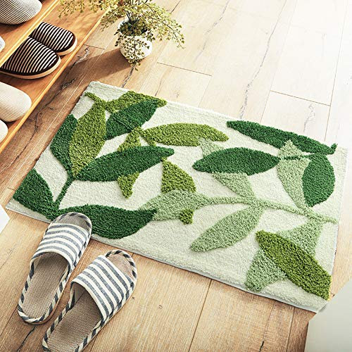Morbuy Non-Slip Bath Mat, 45 x 65 cm Green Leaf Bathroom Floor Mat Super Soft and Water Absorbent, Machine Washable Microfiber Bathroom Rug for Shower, Bedroom, Kitchen, Doorway