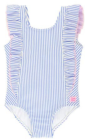 RuffleButts® Girls Periwinkle Blue Seersucker Waterfall One Piece - 6