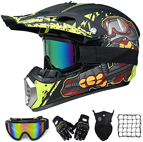VOMI Motorrad Crosshelm Set, Schwarz und Gelb, Motocross Helm Kinder Downhill Fullface-Helm Off Road MTB Cross Helm Mopedhelm mit Brille/ Handschuhe/ Maske/ Motorrad Netz (L)