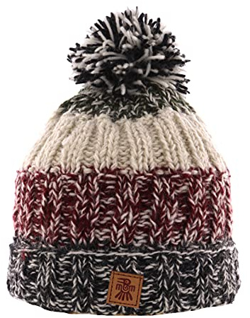 Pachamama herr ull mössa mössa tofs mössa fleece fodrad handstickad röd fet rand en storlek handgjord extra varm rättvis handel, Röd, en storlek