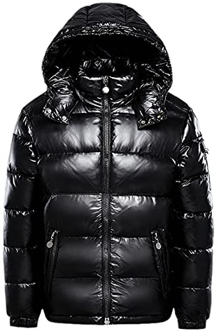 Veste Chaude en Duvet pour Homme - Couleur Unie - Veste d'hiver à Capuche - Fermeture éclair - en métal Brillant, Noir, M