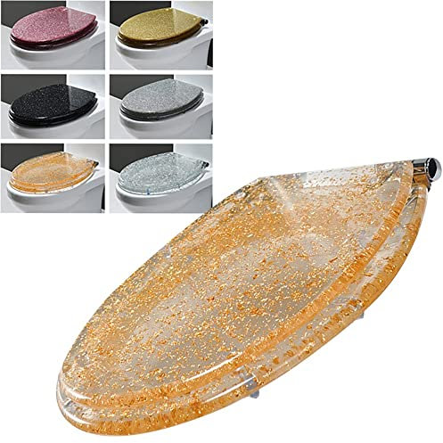 MANY Wc Deckel Schwarz Glitzer Klobrille Toilettendeckel Mit Absenkautomatik Toilettensitz Aus Harz WC-Sitz Quick Release Klodeckel Schnelle Demontage(Gold Foil)