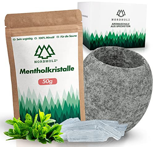 NORDHOLZ® Mentholkristalle Sauna 50g + Sauna Aromaschale aus Speckstein - Sauna Speckstein & Menthol Kristalle langanhaltender und intensiver Duft - Hochwertiges Sauna Zubehör für Deine Sauna