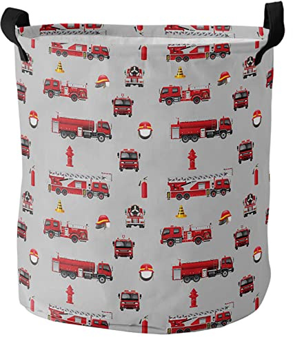 Fire Truck Cars Large Laundry Basket,Collapsible Bag with Easy Carry Handles,Educational Red Grey Cartoon Rescue Themed Waterproof Foldable Freestanding Hamper,Folding Washing Bin Clothes Storage