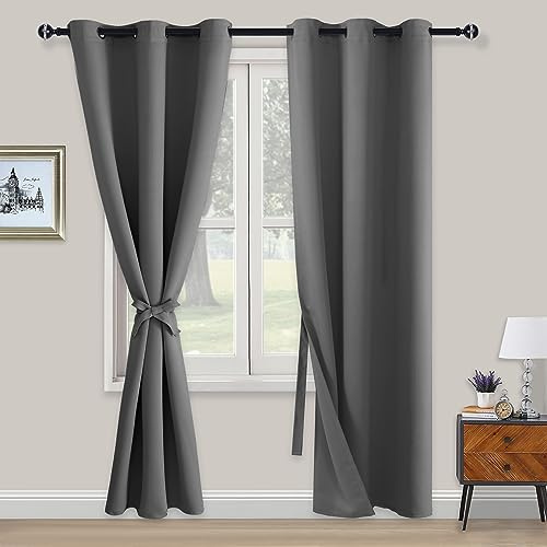 XWZO Blackout Curtains Shades Window Curtain Panels with Tiebacks- Noise Reduction and Thermal Insulated Eyelet Curtains for Bedroom,Living Room,Office,Study Room Grey W46xL90