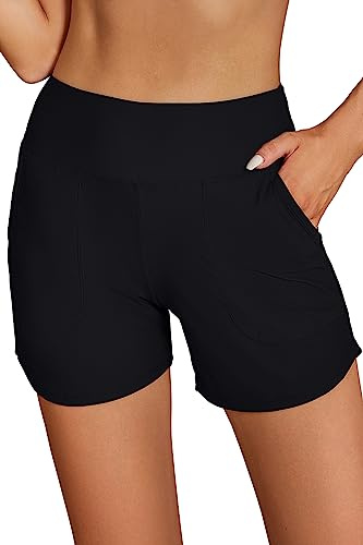 SHEKINI Costume da bagno da donna, a vita alta, con tasche, ad asciugatura rapida, per sport acquatici, con slip, Nero , S