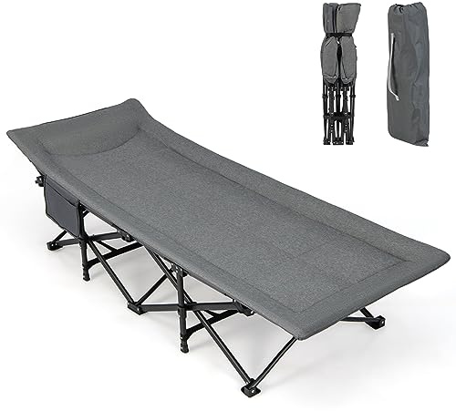 COSTWAY Lit de Camp Pliable 1 Personne 190 x 68,5 x 48,5 cm, Charge 200 kg, 10 Pieds de Soutien, Matelas, Appuie-tête, Sac de Transport, Poche Latérale, Lit Pliant pour Camping Voyage Bureau, Gris