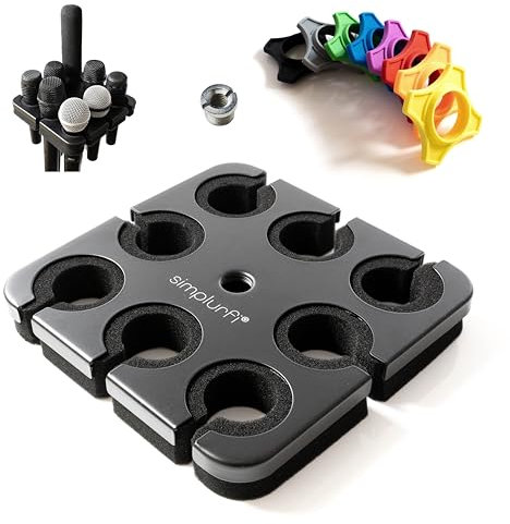 Simplurfi Soporte de micrófono múltiple para soporte de micrófono, accesorio de bandeja cuadrada con capacidad para hasta 8 micrófonos en el escenario, organizador y exhibidor - 8 anillos antivuelco