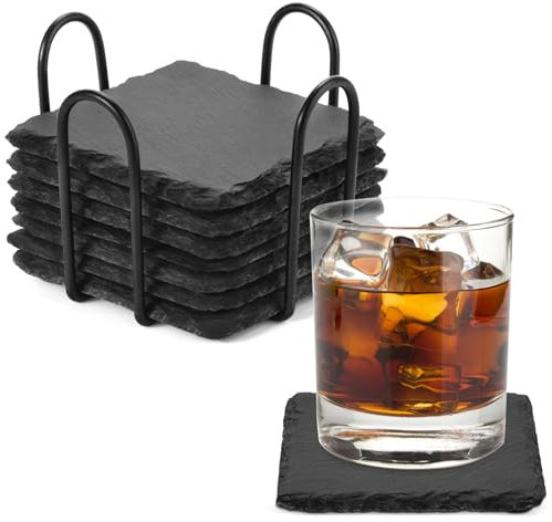 8 pezzi Sottobicchieri in Ardesia, sottobicchieri in ardesia naturale con supporto, Antiscivolo Sottobicchiere per Bar,Birreria,Casa Accessori Decorazione Tavola-Quadrati 10 x 10 cm