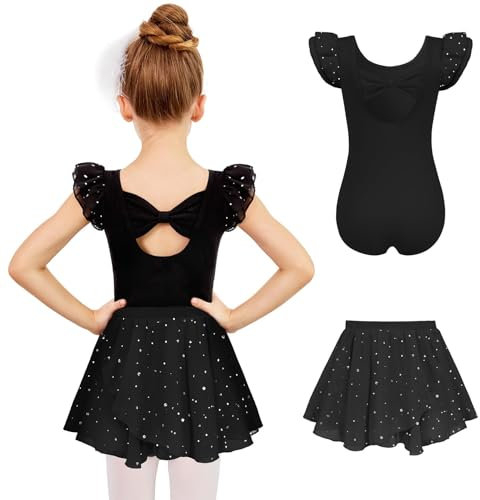 Arshiner Ballettanzug Mädchen Ballettkleid Schleife Ballettkleidung Fliegende Ärmel Ballett Body Baumwolle Tanzbody Kinder Balletttrikot Schwarz Ballerina Kleid mit Wickelrock 7-8 Jahre
