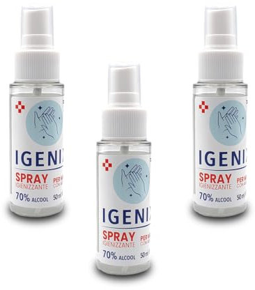 Igenizzante Mani e Superfici 3x50ml - Alcool 70%, Glicerina e Aloe Vera, Formula Potenziata - Spray Antibatterico, Virucida, Pratico e Sicuro