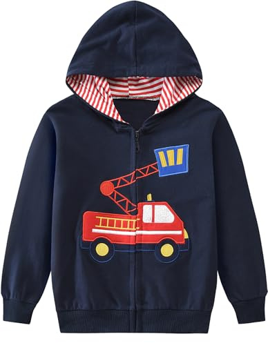 Eulla - Felpa con cappuccio e Zip per bambino/ragazzo, con cappuccio dinosauro, a maniche lunghe, in cotone, motivo: escavatore, con cerniera, taglie: 92, 98, 104, 110, 116, 122, 98