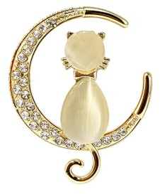 Strass Lune Chat Broche Pour Femmes Filles Plaqué Or Pierre De Lune Animal Chaton Broches Épinglettes Mignon Noël Anniversaire Vacances Bijoux Cadeau Pour Fille Nièce
