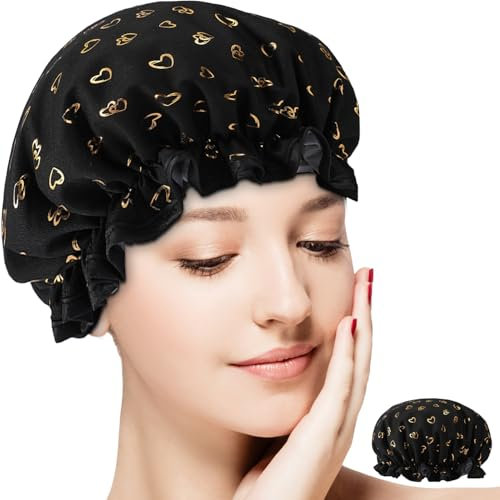 Cuffia da doccia a doppio strato da donna, con fascia elastica, riutilizzabile, in plastica impermeabile, con volant, adatta per capelli lunghi, corti e ricci (cuore nero)
