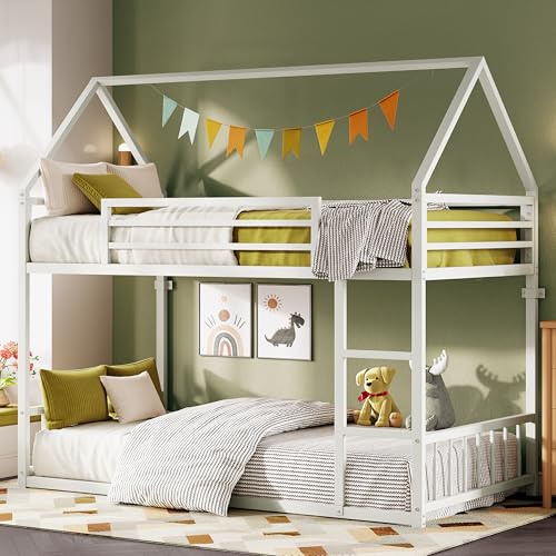 LIKIMIO Bunk Bed Twin XL Over Twin XL, Metal Bunk Bed Frame with Ladder and Guardrail, House Shaped with Metal Slats for Dormitory and Bedroom, Space Saving, No Box Spring Needed, White