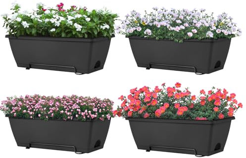 LIANTRAL 4 Pack Wall Planters, Wall Hanging Planter Set with Metal Frame & Plastic Box, Flower Pot for Windows, Railings, Fences, Balcony Hanging Basket Home Decor, 42.6 x 17 x 13.5 cm, Black