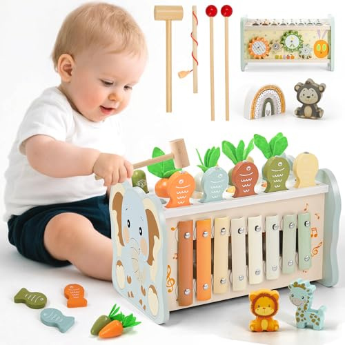 Juguetes Montessori 1 Años, 6 en 1 Juguetes Niños 1 Año, Juguetes Madera con Martillo, Xilofono Bebe, Juego de Pesca, Juegos Sensoriales Educativos Regalo Niño Niña 1 2 3 Años Cumpleaños Navidad