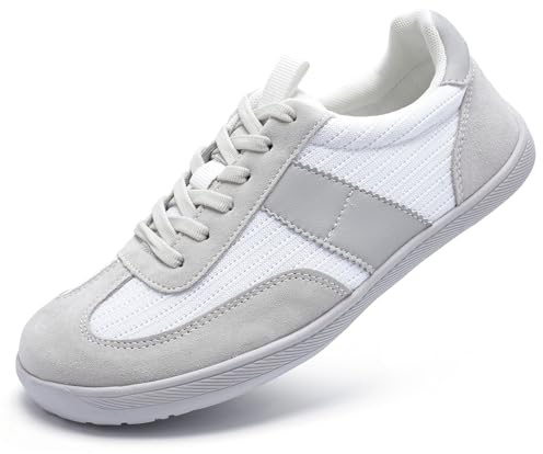 Barefoot Shoes Womens Trainers Extra Wide Fit Arch Support Memory Foam Running Shoes Ladies Non Slip Lace Up Lightweight Walking Outdoor Sneakers Grey White UK 5