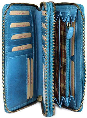 Hochwertige XXL Vintage Leder Damen Geldbörse Portemonnaie langes Portmonee Geldbeutel Organizer aus weichem Leder mit extra vielen Fächern inkl. RFID in hellblau - 20x11x3,5cm (B x H x T)