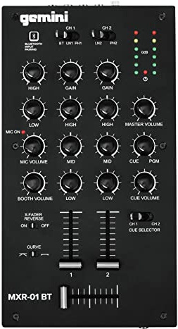 Gemini Sound MXR-01BT Professional Bluetooth 2-Channel DJ Mixer 3-Band EQ and Gain 2 Phono/Line Stereo Channels Crossfader Curve and Reverse Switches Microphone Input Headphone Output Master Outputs