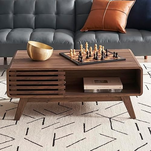 mopio Ensley - Mesa auxiliar de almacenamiento de doble cara, moderna mesa de madera estriada de mediados de siglo con 4 compartimentos para organización de sala de estar, bordes de seguridad curvados