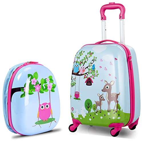 GYMAX 2Pcs Kids Luggage Set (Pink+Blue, 12 & 16) | 16/18 & 12 Girls Suitcase and Backpack Set with 4 Spinner Wheels, Hard Shell Children Trolley Case for Travel School