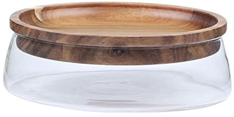 Obstschale, Glasschale mit Holzdeckel, stilvoller Obstkorb aus Glas, doppelt verglaste Schale für Trockenfrüchte und Melonen, Candy Organizer, Accessoire für den Tisch