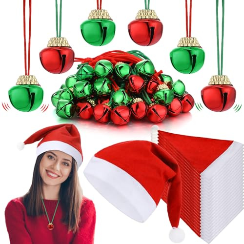 Seajan 200 Pcs Christmas Santa Hats and Jingle Bell Necklaces Bulk Christmas Elf Hat Bell Necklaces Gifts for Adults Xmas Party Favors Accessories (Red)