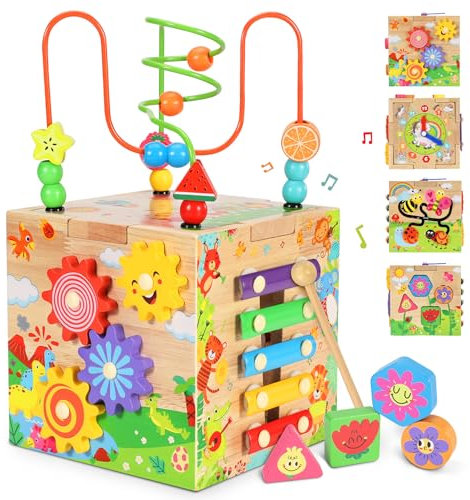 Subtail Motorikwürfel Aktivitätswürfel aus Holz, 8 in 1 Montessori Spielzeug Geschenk für Kinder, Motorikspielzeug ab 1 Jahr, Aktivitätswürfel Spielzeug, Geschenk für Kinder ab 1, 2, 3 Jahren