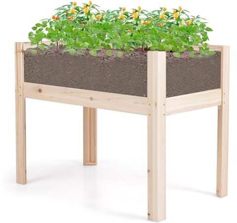 COSTWAY Raised Garden Bed, Fir Wood Elevated Planter Box with 2 Acrylic Panels, Drainage Holes, Movable Bed & Elevated Legs, Outdoor Growing Box Flower Container for Patio Balcony(100 x 59 x 77cm)