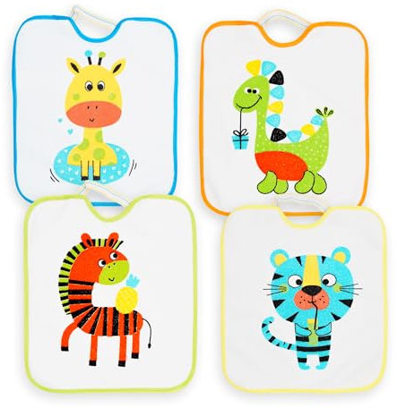 Ti TIN Lätzchen Baby ab 12 Monaten – Pack mit 4 wasserdichten Sabberlätzchen, Baumwoll-Frottee (73%) und Polyester (27%), maschinenwaschbar, mit elastischem Verschluss, ideal für Kindergarten