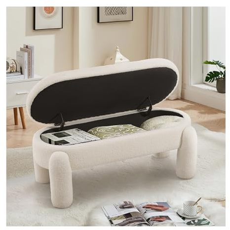 INMOZATA Teddy Window Seat with Storage Upholstered Storage Bench Stool End of Bed Bench Storage Ottoman Bench Boucle Bench for Living Room Bedroom Hallway(White)
