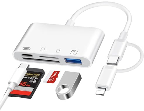4 en 1 Lecteur Carte SD pour iPhone iPad, USB C Lightning Adaptateur Carte SD avec SD/TF/USB OTG/Chargement Slot, Lecteurs de Carte Mémoire Externes pour iPhone16 15/Mac/Android/Caméra