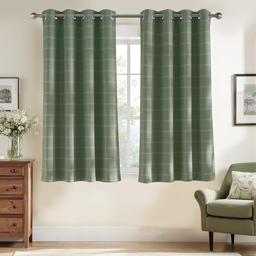PONY DANCE Full Blackout Tartan Christmas Curtains with Eyelets - 46x54 Inch (W x L) Thermal Insulated Check Curtains Green for Bedroom and Living Room, 2 Panels