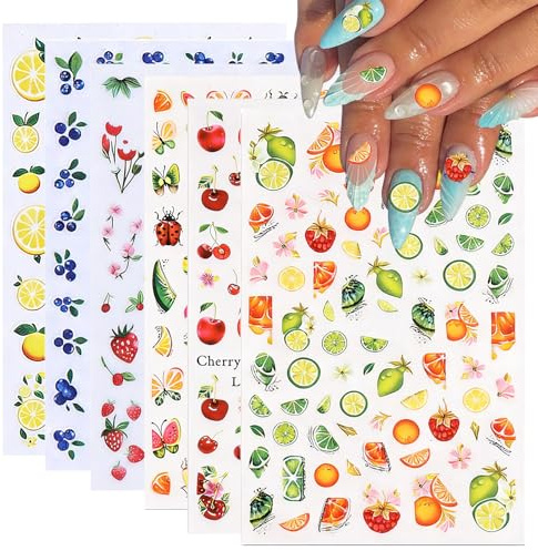 NICENEEDED 6 Feuille D'Autocollants Décoratifs pour Ongles à Motifs de Fruits Autocollants pour Ongles en Relief Auto Adhésifs 3D Motifs Citron Fraise et Cerise Fournitures de Décalcomanies