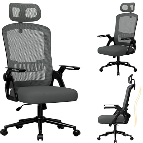 naspaluro Ergonomic Office Chair, Desk Chairs with Lumbar Support Headrest Adjustable, Flip-up armrests Comfy Seat Cushion High Back breathable Mesh Chair, Computer Chair for Home/Office-Dark Grey