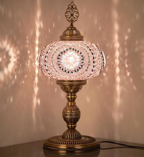 DEMMEX Lámpara de mesa de mosaico marroquí turco XXL con globo de tamaño más grande de 10 pulgadas, pantalla de lámpara de escritorio bohemio, mesita de noche, cuerpo de metal de color latón antiguo,