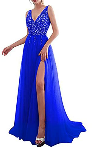 Minetom Femme Élégante Col V Robe à Paillettes sans Manches Longue Maxi Robe de Soirée Mariage Cocktail Demoiselle d'honneur C Bleu L