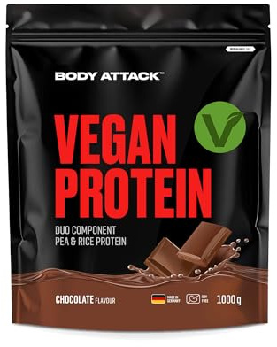 Body Attack Vegan Duo-Component Protein Chocolate, 1000g de proteína vegana de dos fuentes/33 raciones, bolsa zip-lock, 9.060mg de EAAs & 4.650mg de BCAAs, sin azúcar, Made in Germany.