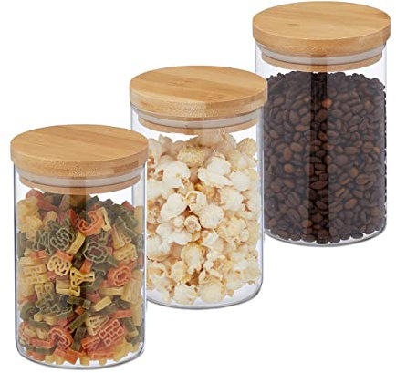 Relaxdays Vorratsgläser mit Bambusdeckel, 3er Set, runde Vorratsdosen aus Glas, 800 ml, luftdicht, transparent/natur, 15 x 10 cm