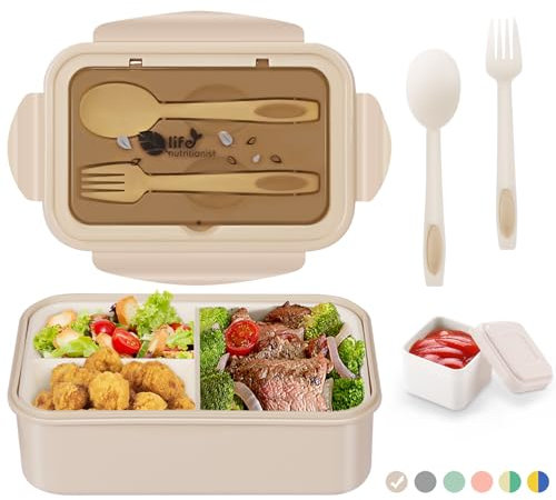 LUZOON Lunchbox Bento Box Brotdose Erwachsene 1400ml mit 3 FäChern für Kinder inkl. Besteck Jausenbox für Mikrowellen Und SpüLmaschinen, Schule Arbeit Picknick Reisen (Khaki①, 1400ml)