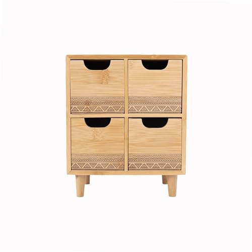 LIN HOME Mini Cajonera de Madera y Bambú con 4 Cajones para Pequeños Accesorios, 21x16x28cm - Mini Organizador para Escritorio Multiuso
