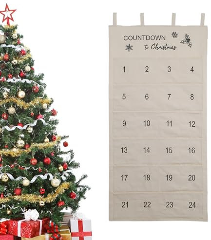Calendrier de l'Avent de Noël en Tissu à Suspendre, Calendrier de Noël, avec 24 Poches, pour Décoration de Noël (Off white)
