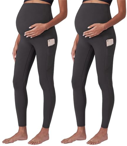 SUIUOI 2 st stretch leggings för moderskap, bekvämt hög midja moderskapsbyxor sport och fritid bekväma leggings kläder ogenomskinlig graviditet, Färg: grå, L