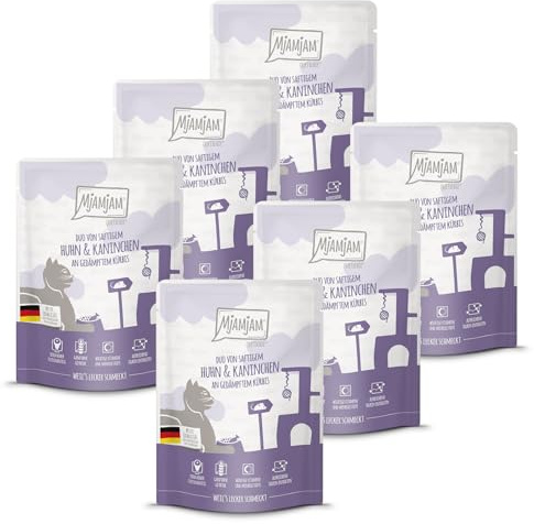 MjAMjAM - Nourriture humide premium pour chats - Quetschie - DUO de lapin et poulet juteux accompagné de courge à l’étuvée, pack de 6 (6 x 300g), sans céréales avec un supplément de viande