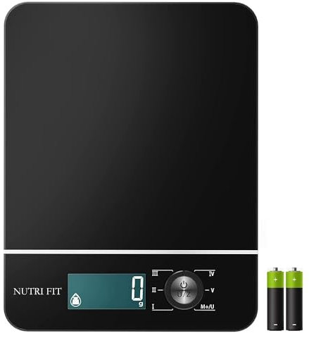 NUTRI FIT Digitale Küchenwaage Elektronische Lebensmittelwaage für Backen Präzision 1g-8kg LCD Hintergrundbeleuchtung Tempered Glass AAA Batterien(Schwarz)