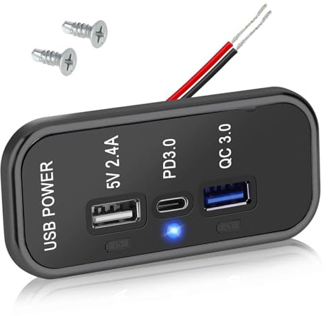 Linkstyle 3 portar 12 V USB-uttag, PD3.0 typ C, QC3.0 USB 2.4 A USB A laddningsuttag, bil ström snabbladdningsadapter för bil marin