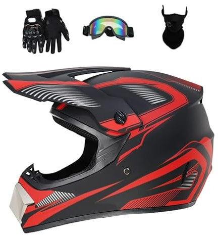 HaTur Casco da motocross Casco DOT Casco ATV Offroad Casco Dirt Bike per giovani unisex Casco da moto con Guanti Occhiali Maschera (Rosso, L)